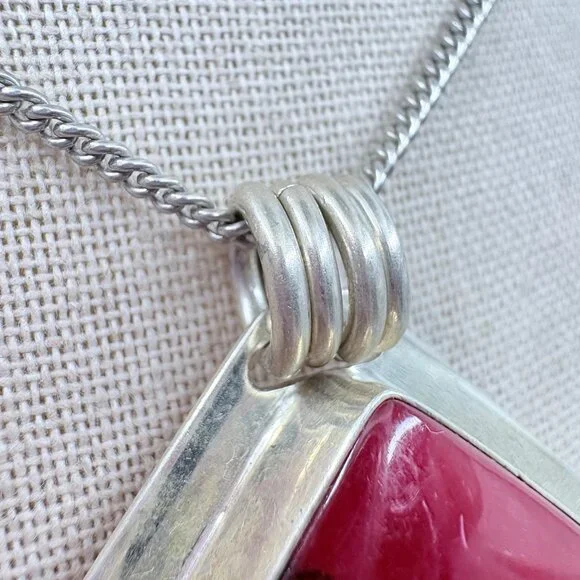 Jasper Bezel Set Pendant Necklace VTG Sterling Silver 925 Size 24 Length